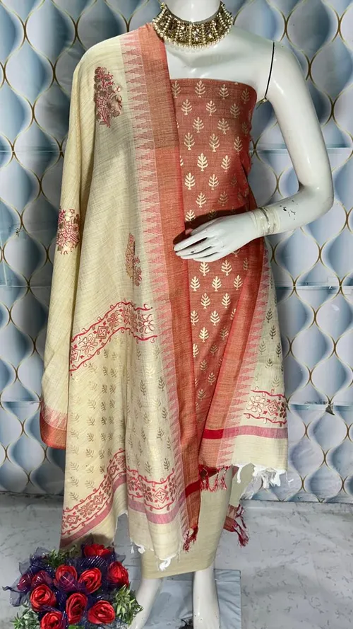  Bhagalpuri Silk Suit Piece with Khadi Dupion & Temple Border Dupatta – 2.5m Each