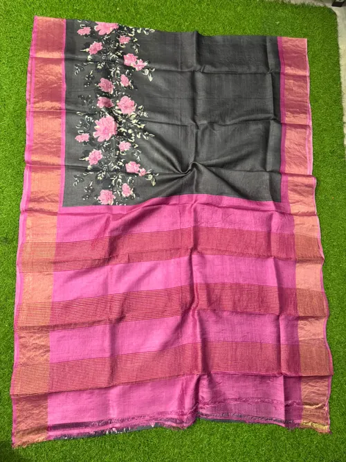 Premium Tussar Silk Printed Saree with Silk Mark Certification