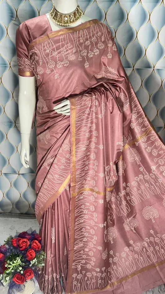 Beautifully Crafted Katan Viscose Silk Hand Block Print Saree