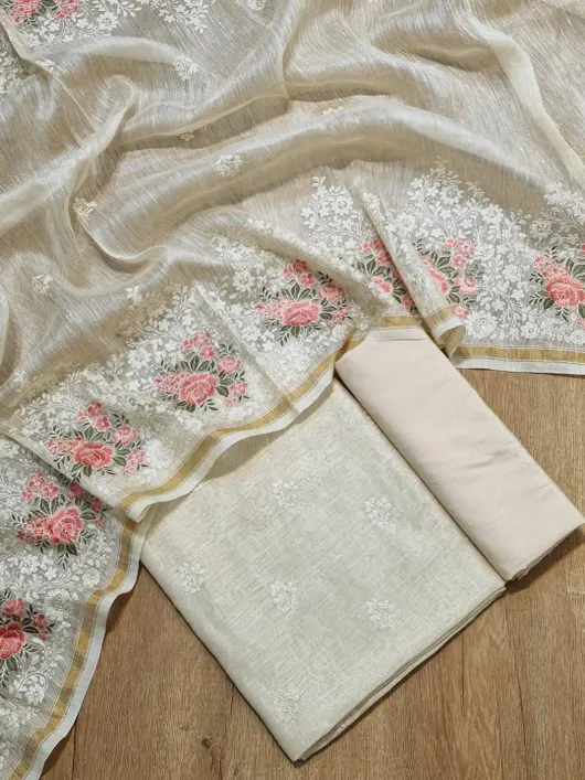 Pure Silk Linen Suit Set with Exquisite Floral Embroidery Work