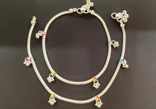 Imitation Anklet, Silver Multi-Color Stones, Traditional for Women & Girls