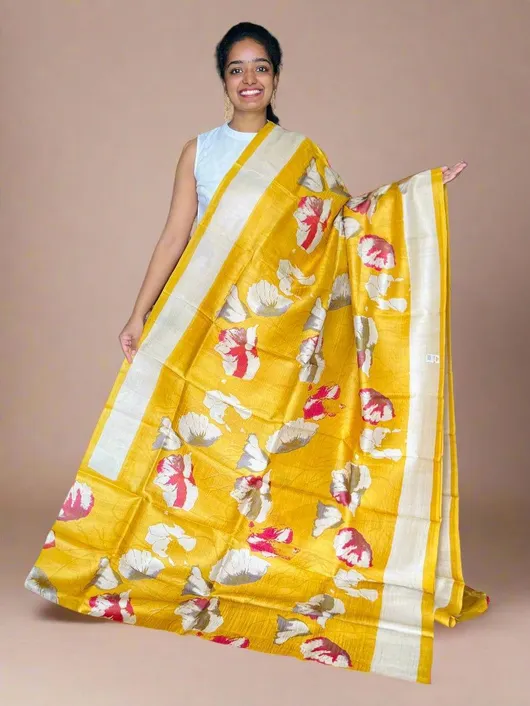 Authentic Desi Tussar Silk Handloom Saree with Hand Block and Digital Print