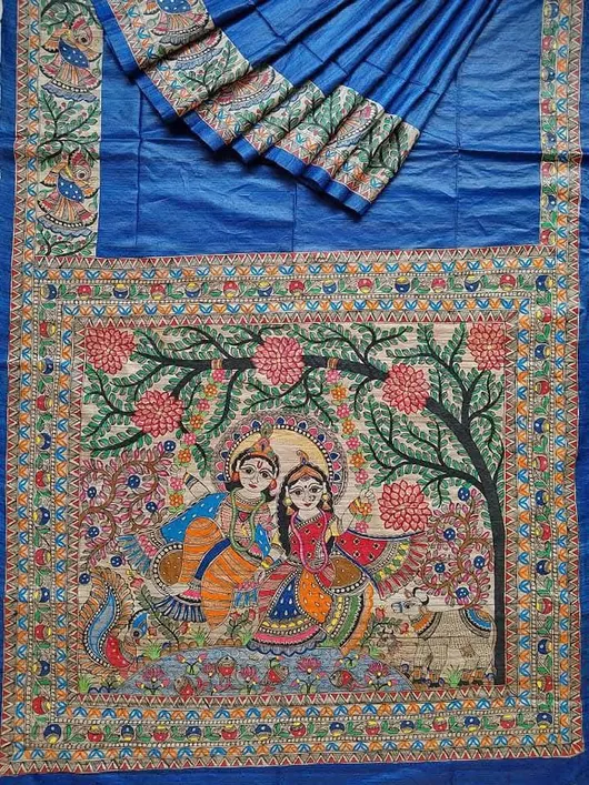 Pure Handloom Gheecha Silk Madhubani Hand Painted Silk Saree