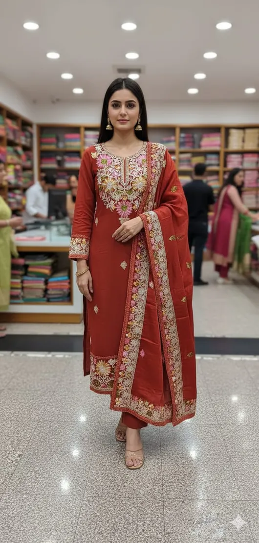 Elegant Roman Silk Kashmiri Butta Work Salwar Suit Set