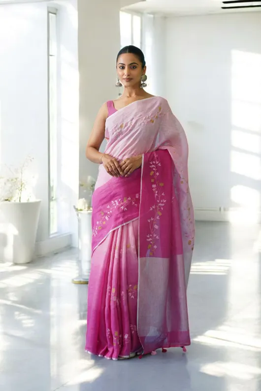  Pure Linen Floral Digital Embroidery Saree