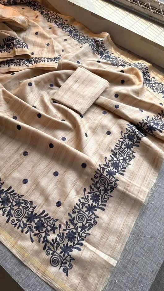 Royal Tusser Silk Saree with Allover Floral Embroidery & Jari Border