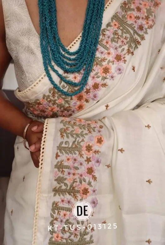 Elegant Hand-Embroidered Pure Tussar Silk Saree – Timeless Traditional Drape
