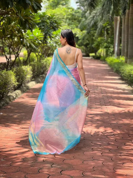 Branded Pure Soft Organza Checks Saree with Batik Print & Jacquard Border – Elegance with Sequin Sparkle