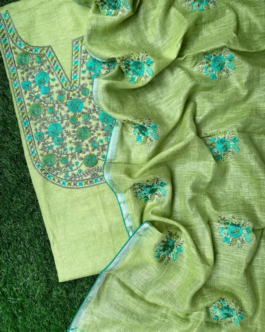 Pure Linen by Linen Floral Embroidery Work Unstitched Top Material with Matching Dupatta – Elegant Summer Wear for Women