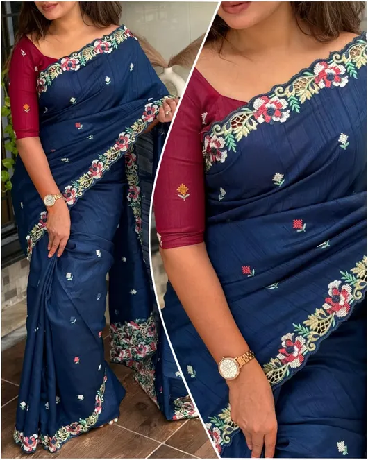 Embrace your femininity & make a statement with our stunning cut work Visca Slub Silk Saree. 