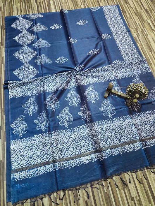 Elegant Indigo Printed Premium Katan Silk Saree