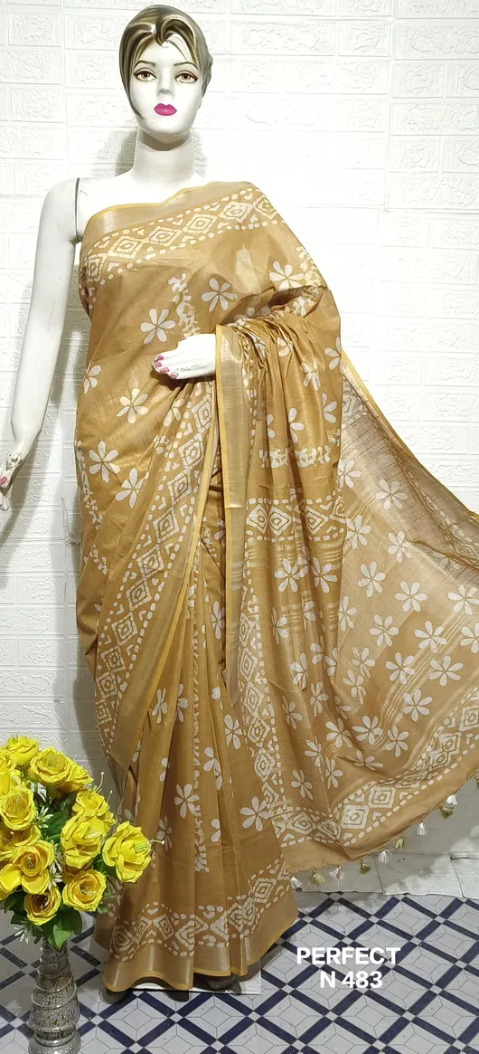 Women's Cotton Slub Batik Printed Saree with Unstitched Blouse Piece 