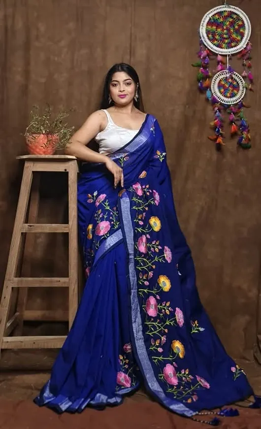 Embroidered Linen Cotton Sarees With Zari Border