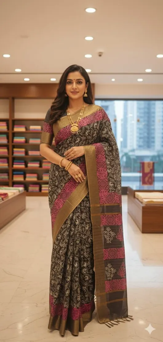 Soft Banswada Kota Saree with Jari Border – Elegant Floral Hand-Printed Design