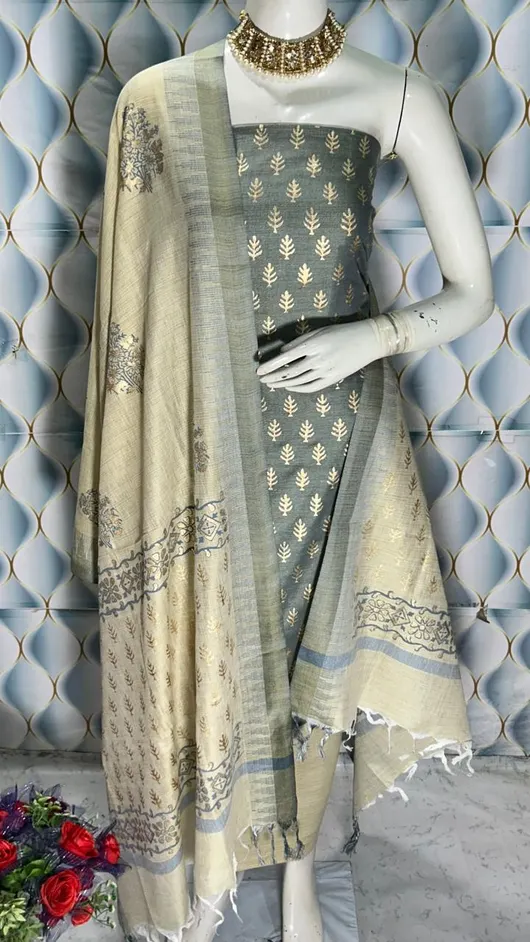  Bhagalpuri Silk Suit Piece with Khadi Dupion & Temple Border Dupatta – 2.5m Each