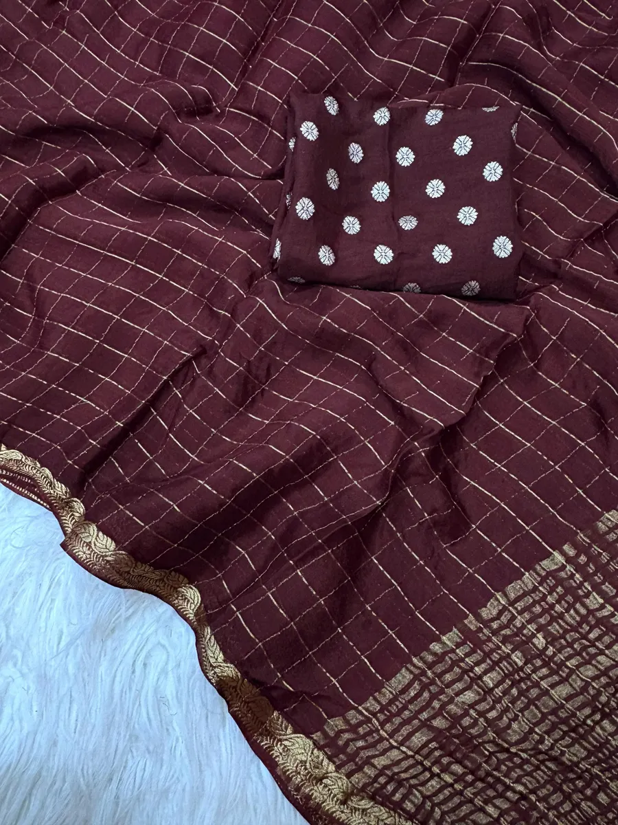 Pure Chinnon Saree With Weaving Chex & Jacquard Border