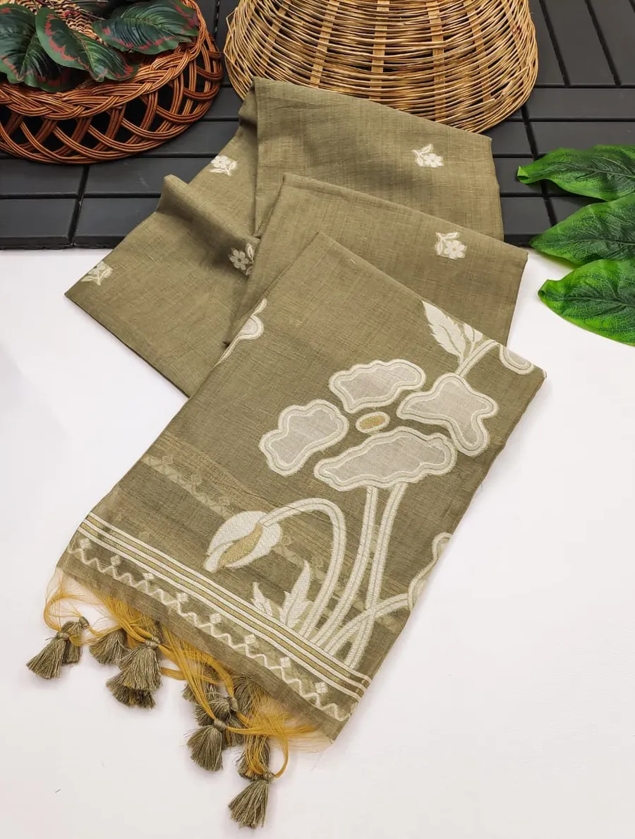 Elegant Premium Muga Cotton Saree with Floral Weaving Pallu & Zari Border