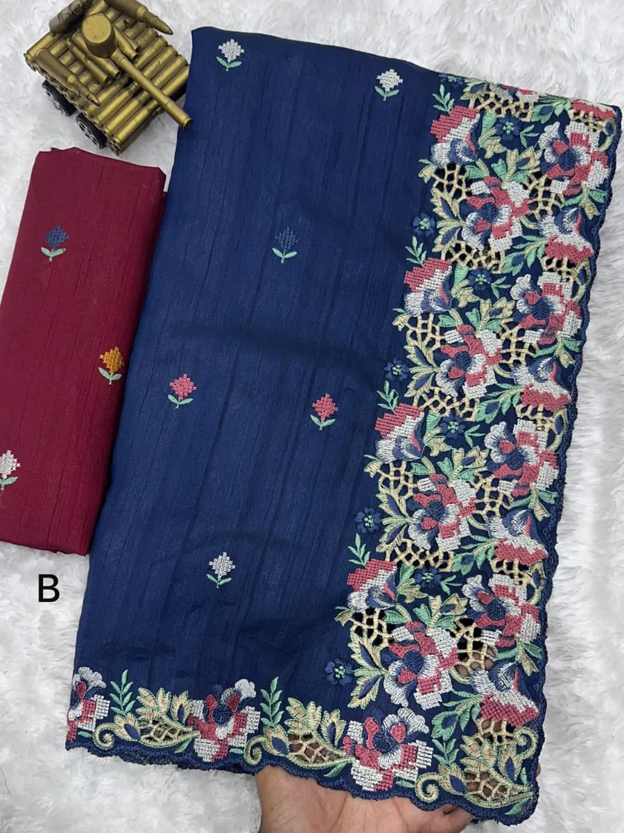Embrace your femininity & make a statement with our stunning cut work Visca Slub Silk Saree. 