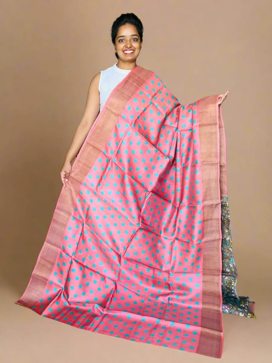  pure handloom Tussar silk saree with hand block and digital prints. Azo-free dye, silk mark certified