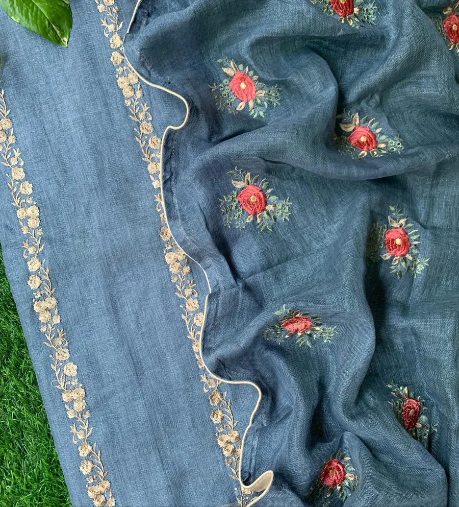 Pure Linen by Linen Floral Embroidery Work Unstitched Top Material with Matching Dupatta – Elegant Summer Wear for Women
