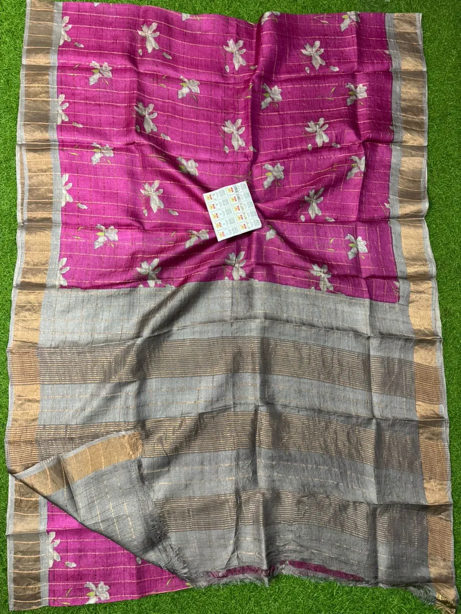  Premium Tussar Silk Printed Saree with Silk Mark Certification