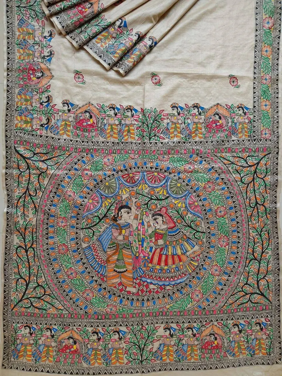Pure Handloom Munga Silk Madhubani Hand Painted Silk Sarees