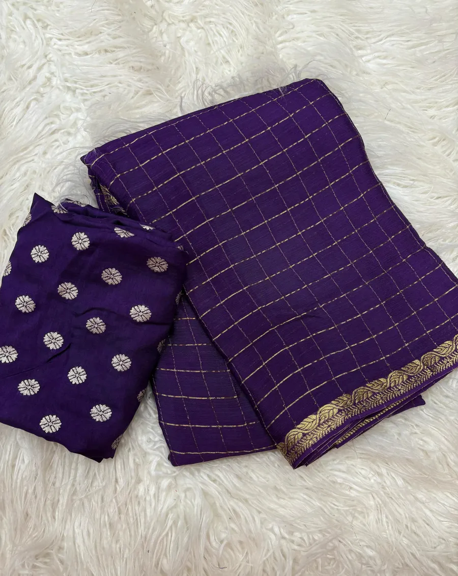 Pure Chinnon Saree With Weaving Chex & Jacquard Border