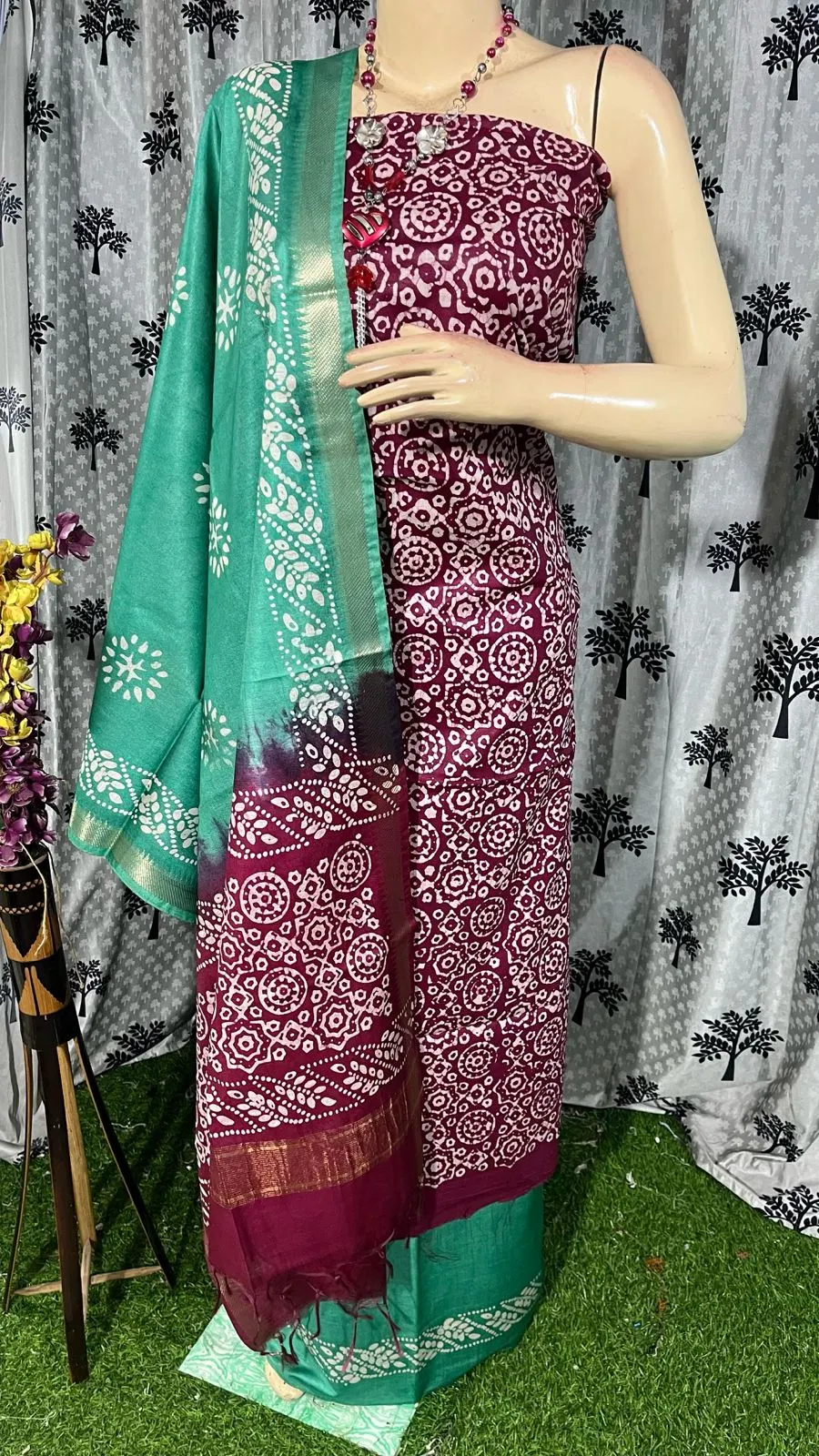 Floral Hand Batik Printed Top & Dupatta Kota Salwar