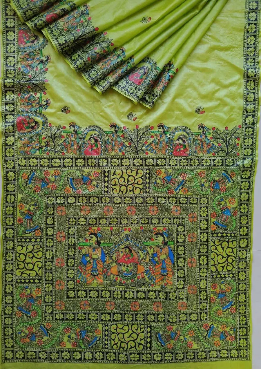 Pure Handloom Munga Silk Madhubani Hand Painted Silk Sarees