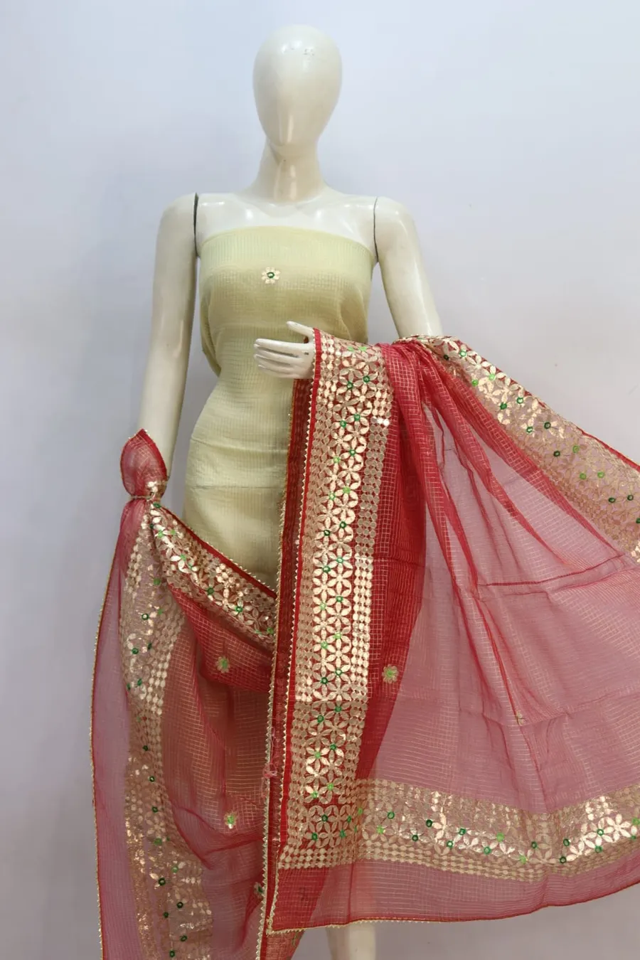 Kota Doria Tissue Gota Patti Suit Set with Dupatta (Top + Dupatta Unstitched)