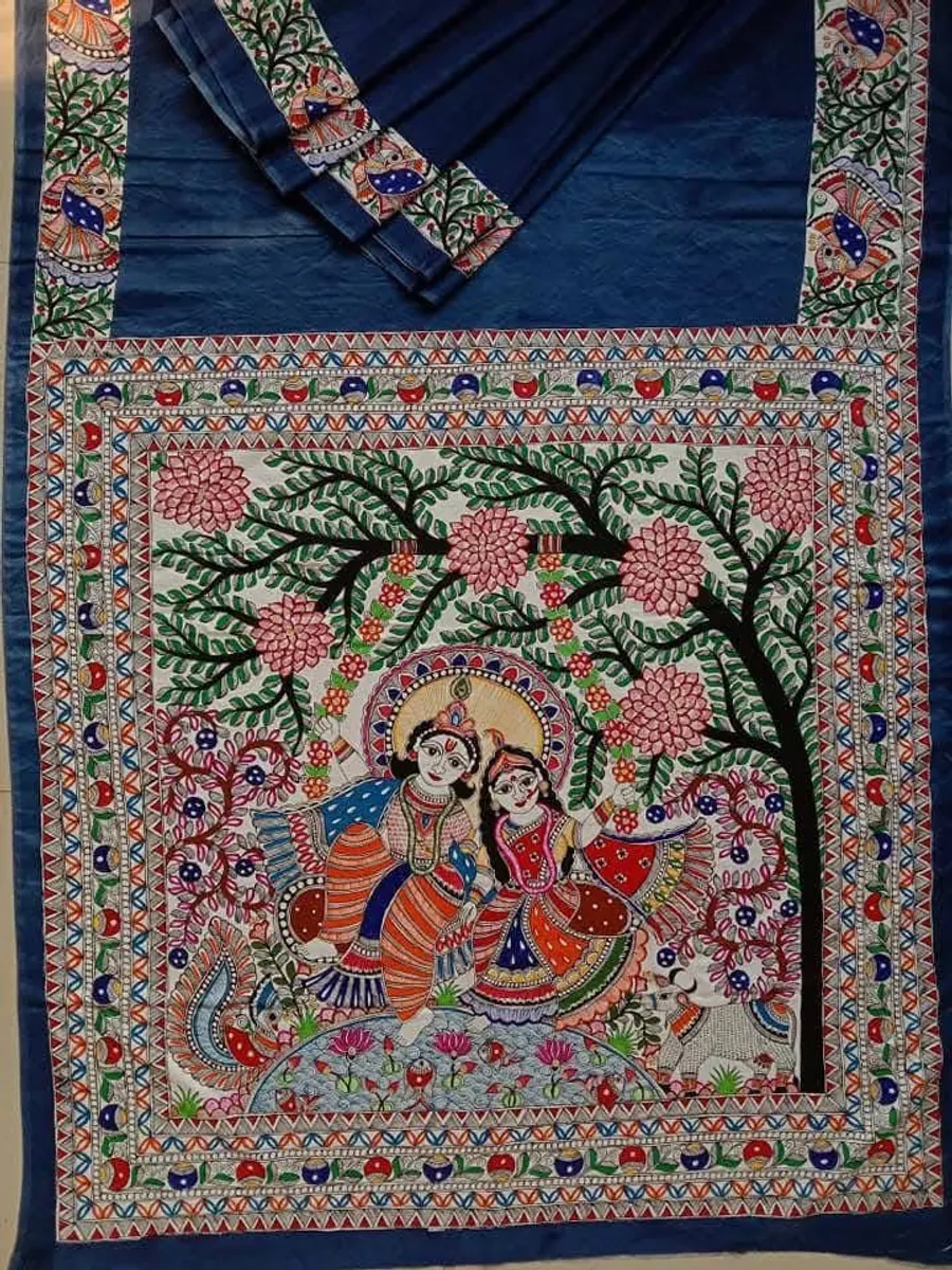 Pure Handloom  Munga Silk Madhubani Hand Painted Silk Saree