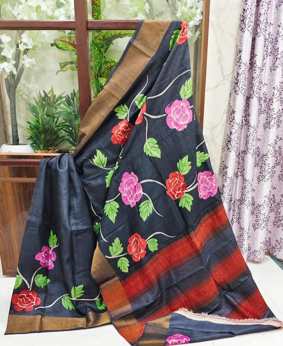 Exclusive  Varnika Pure Tussar Silk Handpainted Saree