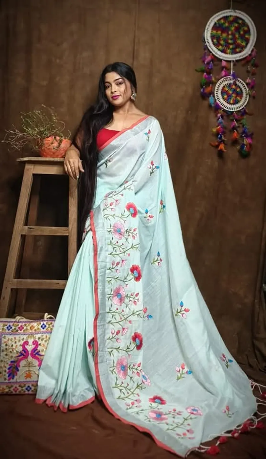 Premium linen embroidery saree