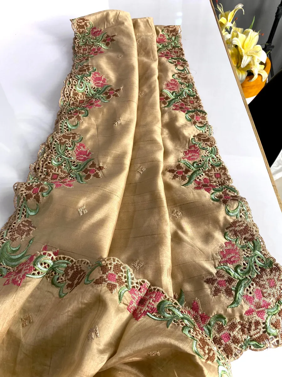 Pure Tussar Silk Saree with Embroidery & Cut-Work Design