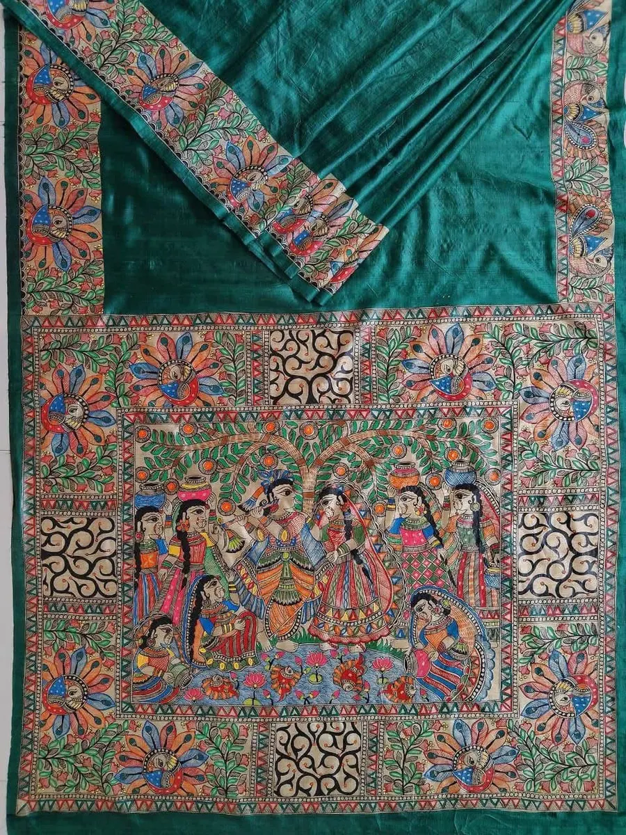 Pure Handloom  Munga Silk Madhubani Hand Painted Silk Saree