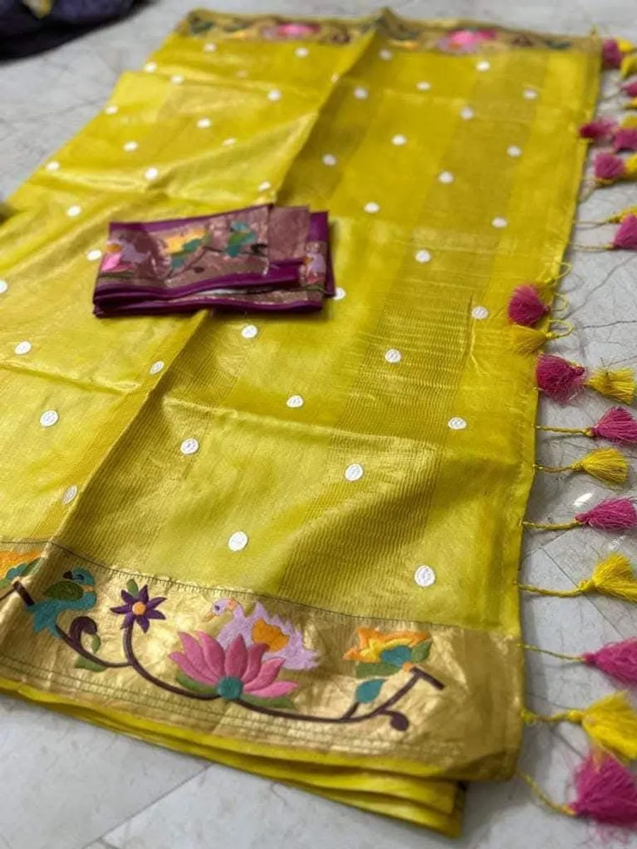 Premium Pure Tussar Silk Saree with Golden Zari Border & Digital Embroidery Work | Festive & Wedding Wear