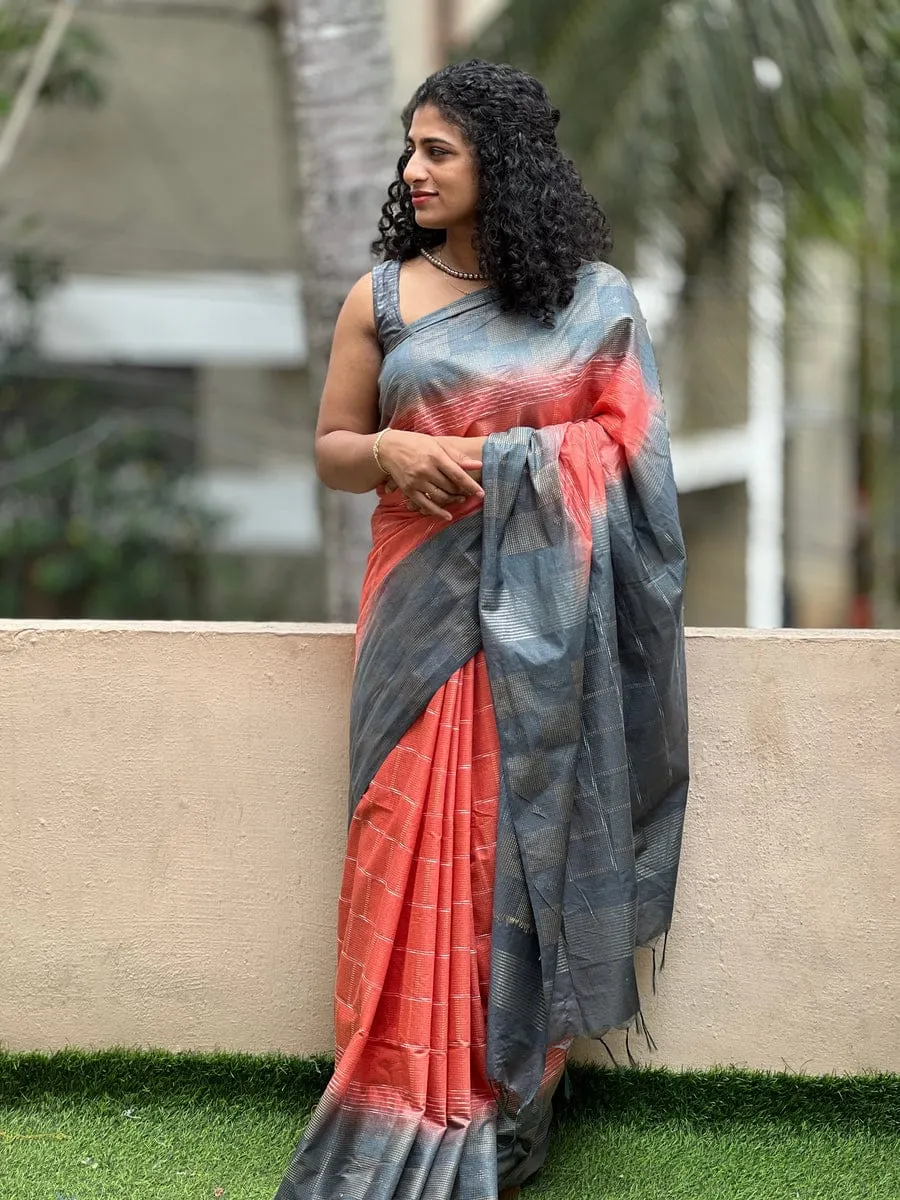 Elegant Dupion Silk Saree with Contemporary Square Check Design