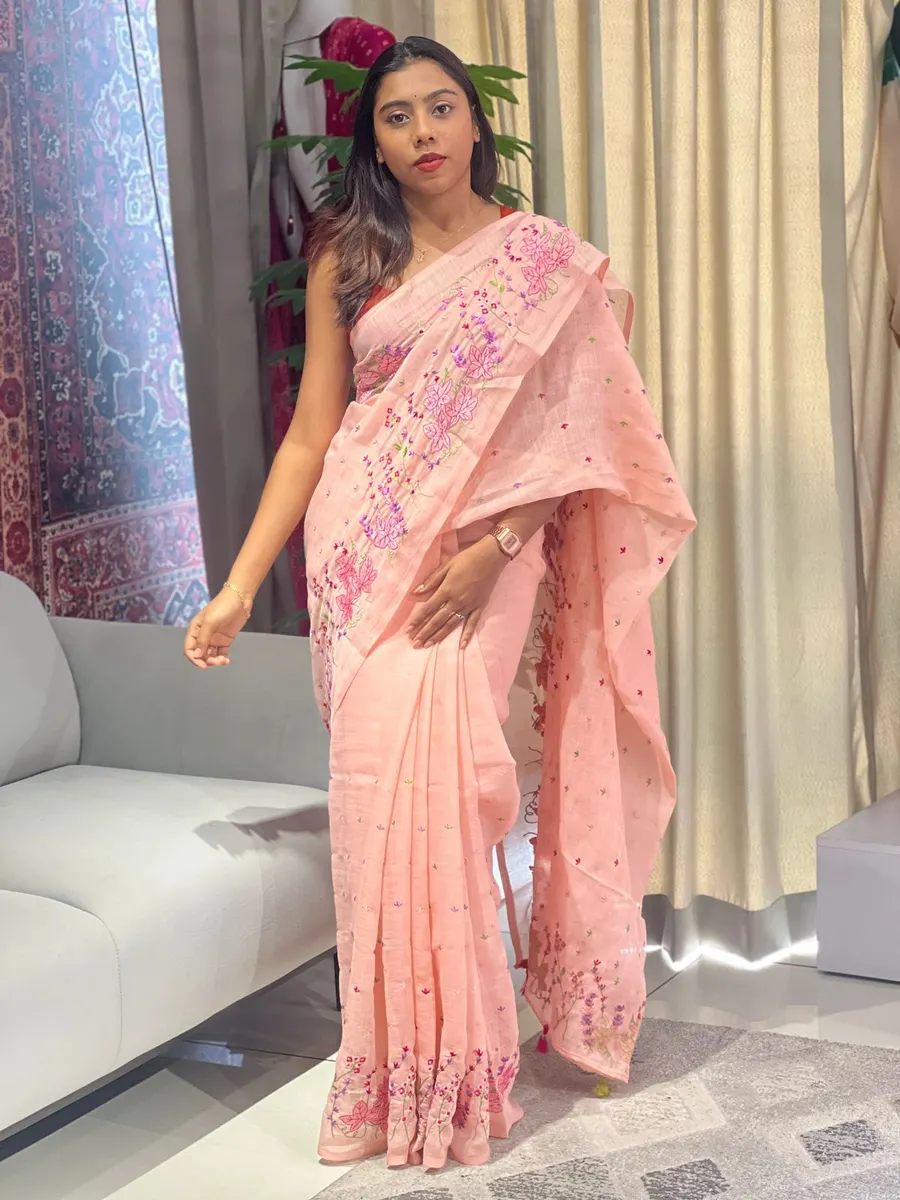 Soft Slub Cotton Saree with Zari Border – Beautiful Floral Embroidery Work Saree