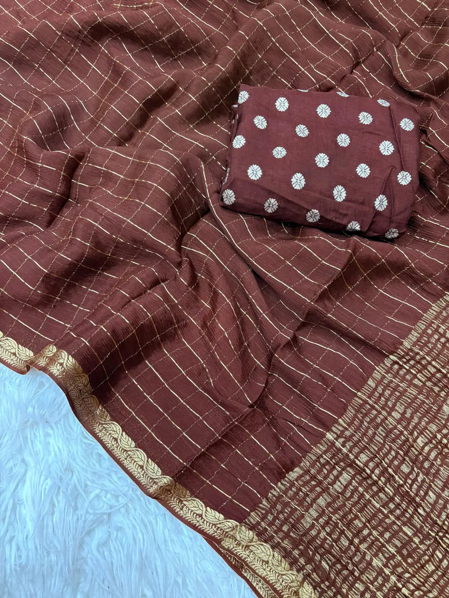 Pure Chinnon Saree With Weaving Chex & Jacquard Border