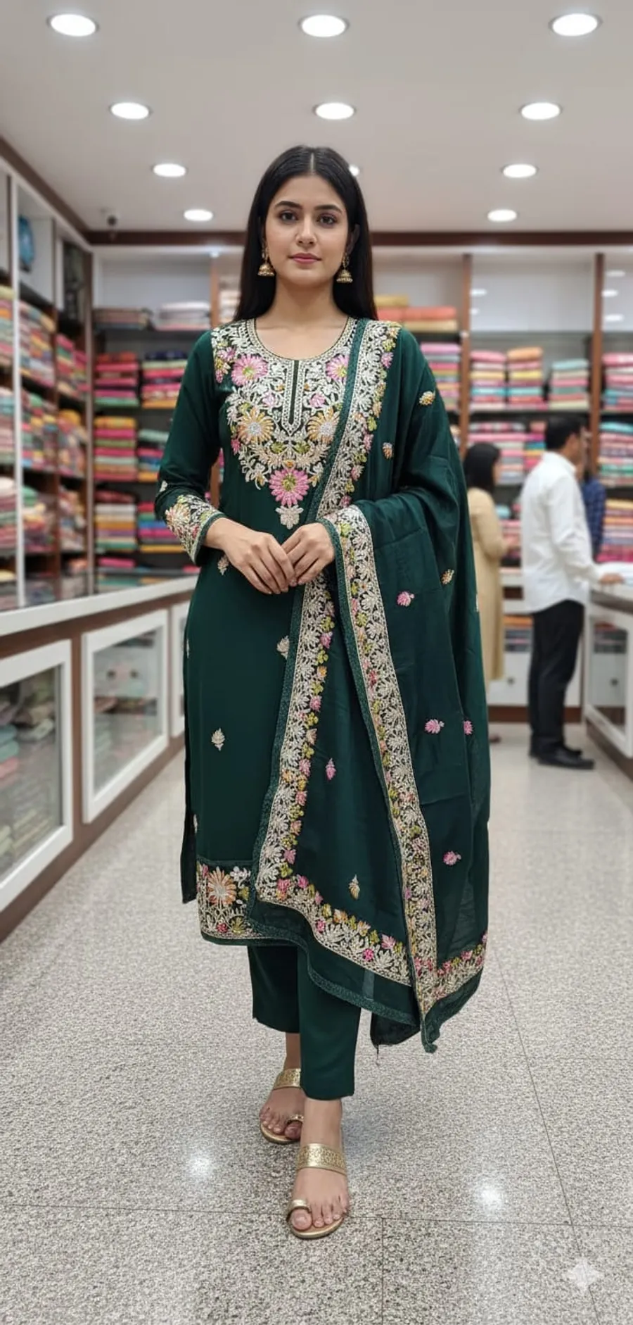 Elegant Roman Silk Kashmiri Butta Work Salwar Suit Set