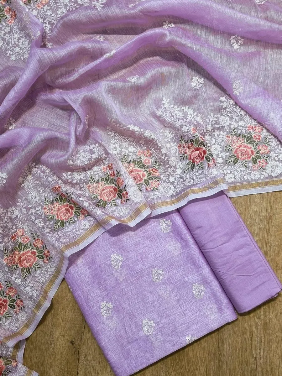 Pure Silk Linen Suit Set with Exquisite Floral Embroidery Work