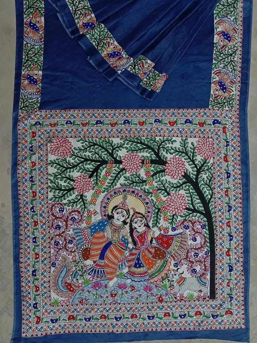 Pure Handloom  Munga Silk Madhubani Hand Painted Silk Saree