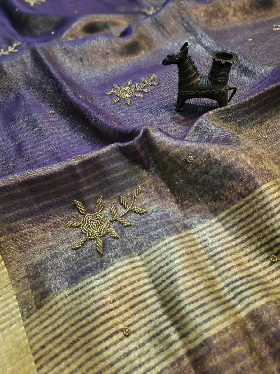 Soft Metallic Tissue Jari Linen Floral Motif Saree