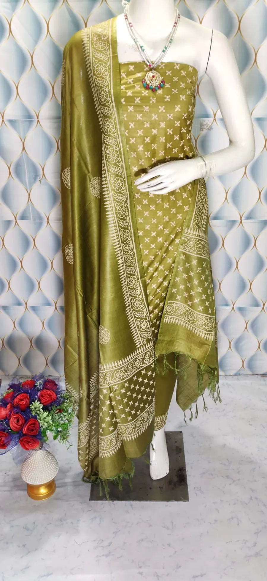 Block Printed Katan Silk Full Suit Salwar - Elegant & Stylish