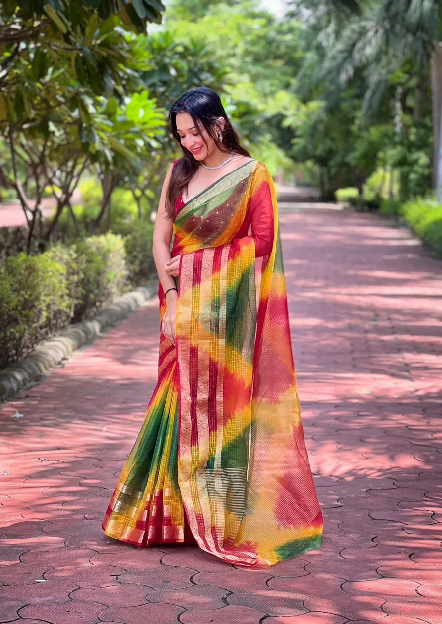Branded Pure Soft Organza Checks Saree with Batik Print & Jacquard Border – Elegance with Sequin Sparkle