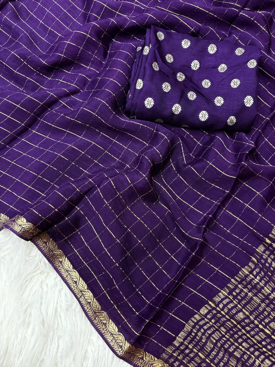 Pure Chinnon Saree With Weaving Chex & Jacquard Border