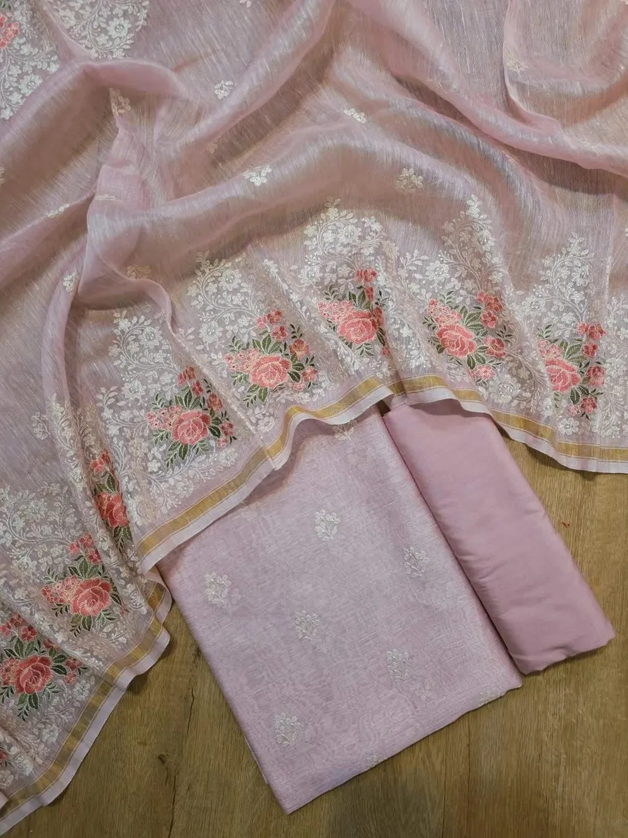 Pure Silk Linen Suit Set with Exquisite Floral Embroidery Work