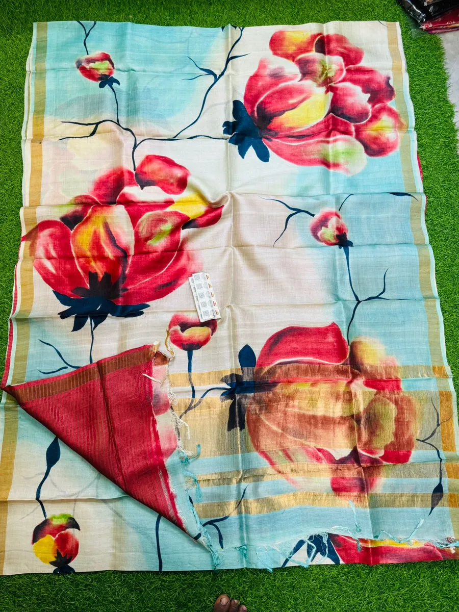 Pure Handloom Tusser Silk With Floral Printed Design Saree