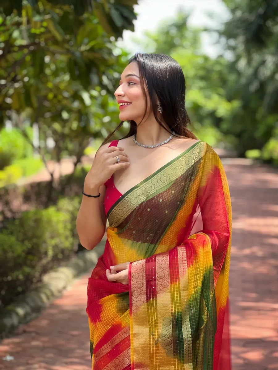 Branded Pure Soft Organza Checks Saree with Batik Print & Jacquard Border – Elegance with Sequin Sparkle