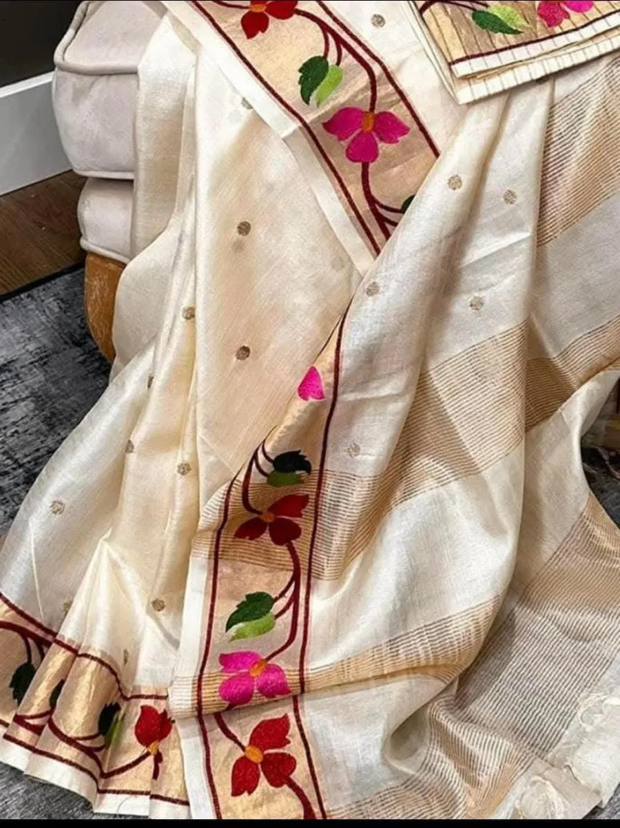 Premium Pure Tussar Silk Saree with Golden Zari Border & Digital Embroidery Work | Festive & Wedding Wear